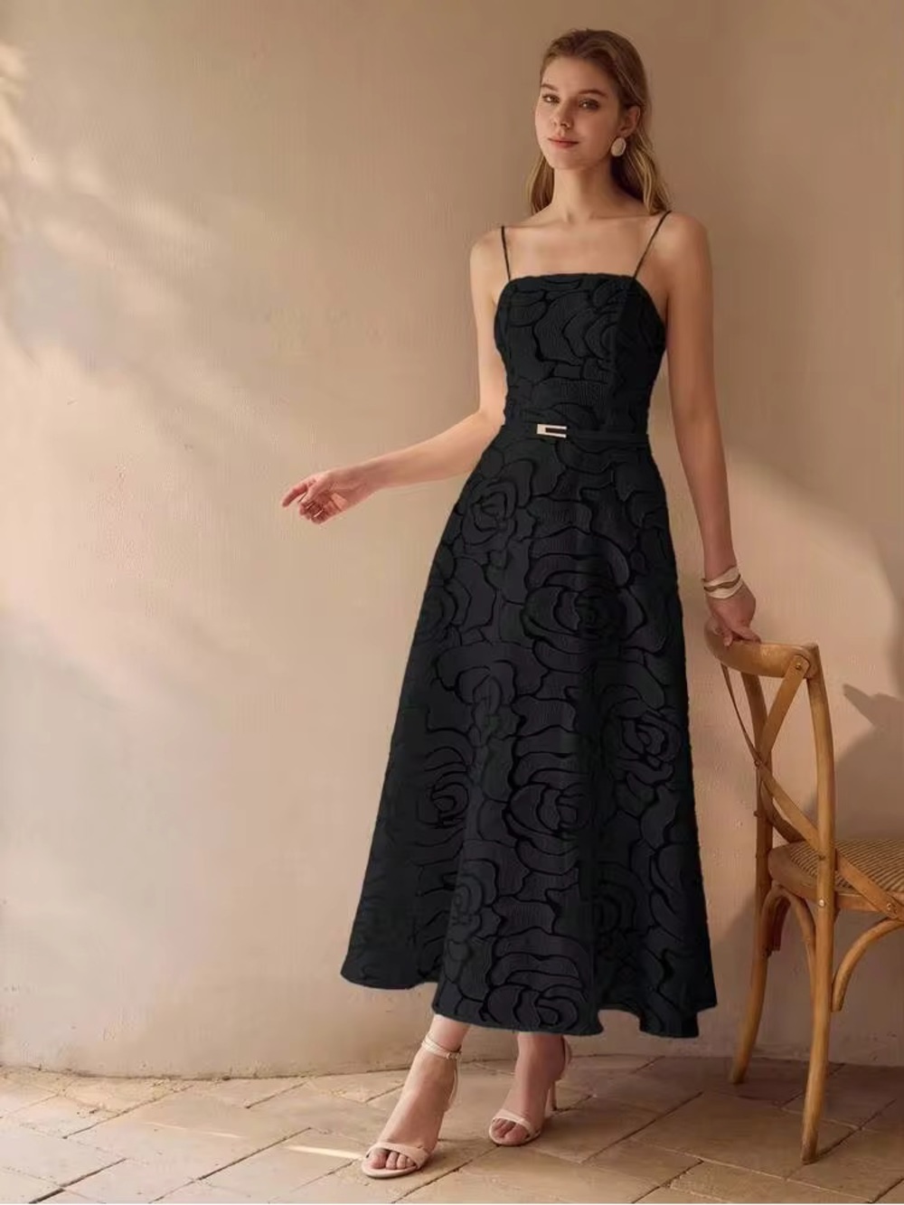 Black Embroidered Floral Slip Dress - Elegant Spaghetti Strap Evening Dress L